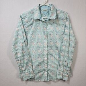 Orvis Womens Long Sleeve Button-Up Shirt Size 10 Light Green Leaf Print Cotton